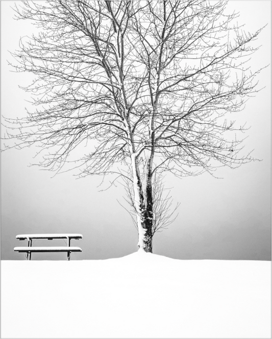 Black and white photograph of a solitary picnic table in a barren field—minimalist rural scene expressing stillness, absence, and quiet atmosphere.