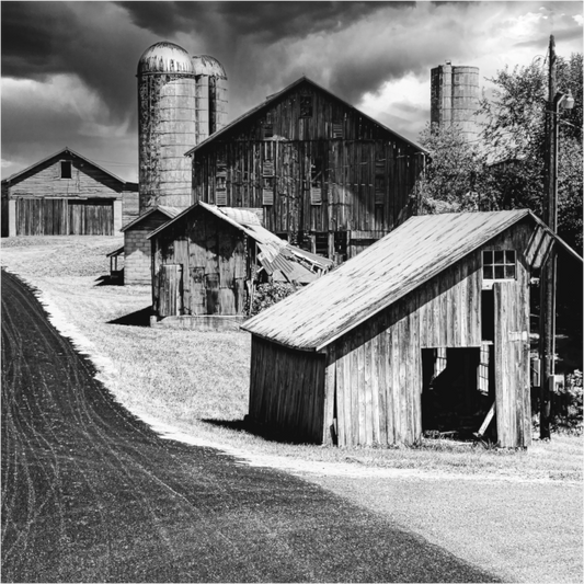 Black and white photograph of overlapping barn structures—minimalist architectural study emphasizing rhythm, shadow, and spatial tension.