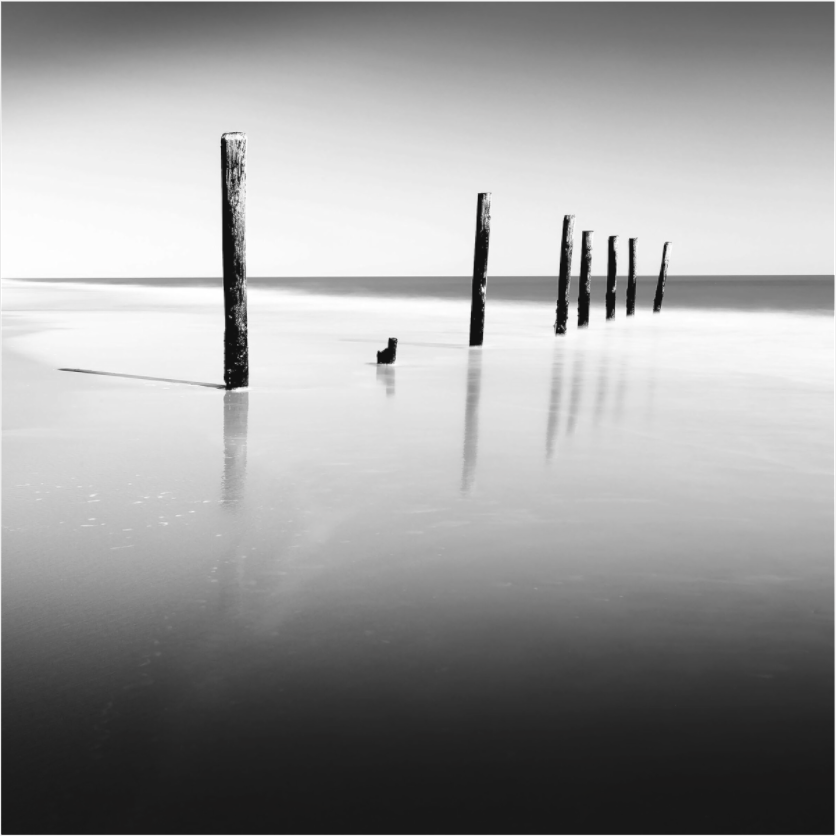 Black and white photograph of weather-worn pilings in smooth water—minimalist seascape reflecting erosion, stillness, and quiet passage.
