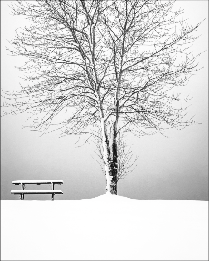 Black and white photograph of a solitary picnic table in a barren field—minimalist rural scene expressing stillness, absence, and quiet atmosphere.
