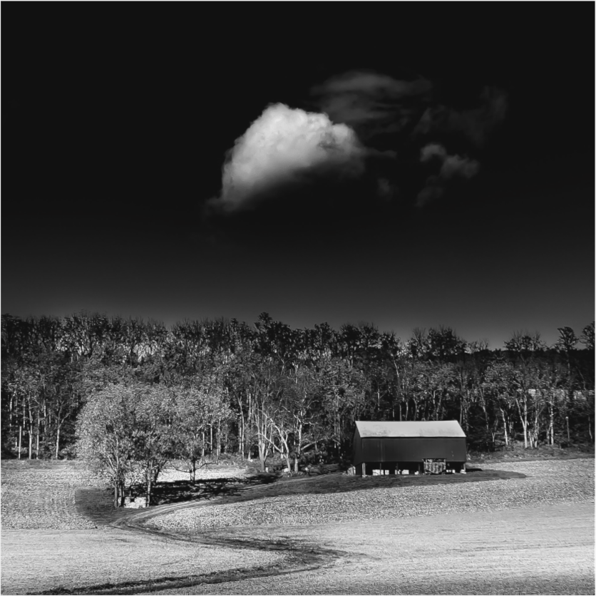 Black and white photograph of a hunting blind with barn in the distance—minimalist rural image evoking contrast, stillness, and quiet ambiguity.
