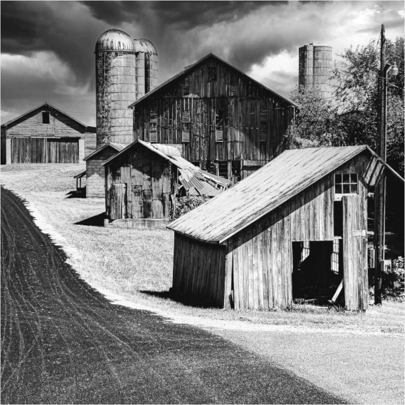 Black and white photograph of overlapping barn structures—minimalist architectural study emphasizing rhythm, shadow, and spatial tension.
